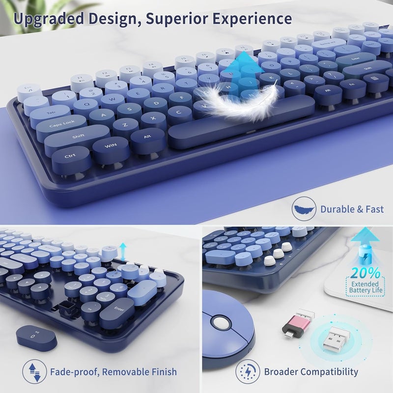 Nowlike Wireless Keyboard and Mouse Combo, Retro Typewriter Keyboard with Round Keycaps, Full-Size Ergonomic, Blue, Ideal for Windows PC, Home, Office, and College, Wireless Keyboard Mouse Combo - Image 4